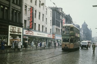 View from W showing special tram no 9 on Trongate with steeple in distance