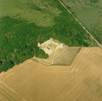 Spynie Palace, oblique aerial view, taken from the WSW, centred on the Bishop's Palace.
Digital image of C 52973 CN