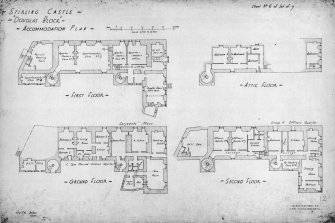 Ground, first, second and attic floor plans.
Insc: 'Stirling Castle - Douglas Block - Accomodation plan', Lieut Col R.E.  C.R.E. Highland Area'
Dated: '10/11/33', 'Amended I.M.M. 1937'