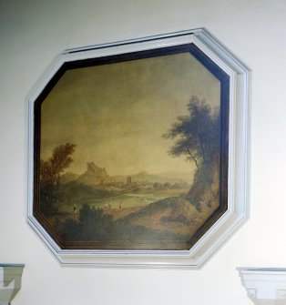 View of landscape with distant view of town, wallpainting on plaster.  Removed from original Milton House drawing room.  Now on main stair hall.