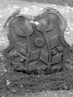 Arngask Old Parish Churchyard
View of East face of JA IK gravestone d.1722. Design of tulips and sun.
Digital image of A 7337