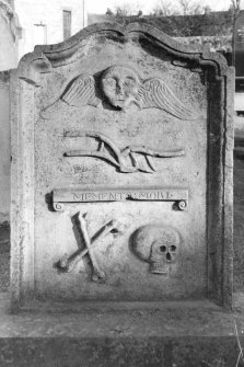 Dunning, St. Serf's Parish Church.
General view of the gravestone of William Frazer, 1756. Winged soul, plough, 'Memento Mori' ribbon, crossed bones and skull.
Scanned image of A 37031 PO