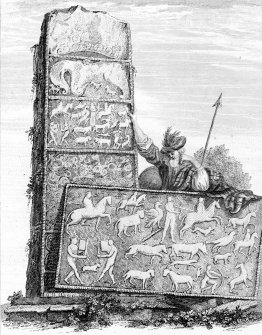 Engraving of the 'Shandwick Stone' Pictish cross slab. 
Titled: 'Monument at Sandwick, Rosshire'.