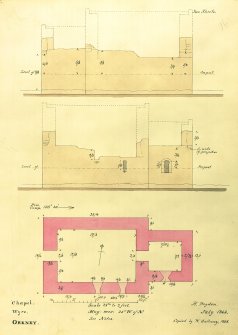 Plan and north and south elevations, annotated with dimensions of Wyre Chapel, Orkney.  Copied by W Galloway 1868, after H Dryden 1866.