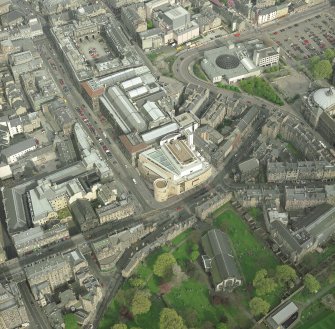 Oblique aerial view of Edinburgh centred on the Museum of Scotland, taken from the W.  An enlargement of the original photograph.