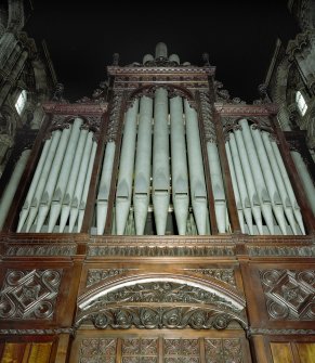 Interior.
Detail of upper part of organ case near junction of crossing area and NW transept.