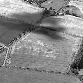 Oblique aerial view centred on the cropmarks of a cursus, taken from the SE.