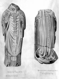 Drawing showing effigies of Bishop Paniter and William the Lion, Arbroath Abbey.