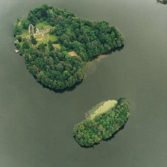 Oblique aerial view of the Lake of Menteith centred on the priory with Inch Talla adjacent, taken from the WSW.