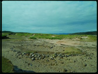 View of Achnahaird Sands; Buildings, enclosure, cairn and middens