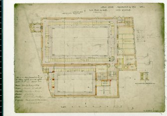 Plan of Bath Level at public baths, Infirmary Street, Edinburgh.
u.s.   Dated "City Chambers  February 1886"
Plan referred to in offer of 1 & 2 March 1886 signed by mason, Geo Gilroy & Co; joiner, Brunnie S Scott; plumber, Morrison & Hume; plasterer, John Ross; slater, T Lamb & Sons; engineers, Mackenzie & Moncur, A Bell & Son. The black scale on the left hand side is in inches.