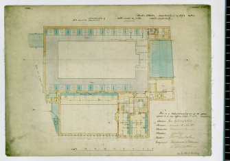 Upper floor plan of public baths, Infirmary Street, Edinburgh.
u.s.   Dated "City Chambers  February 1886"
Plan referred to in offer of 1 & 2 March 1886 signed by mason, Geo Gilroy & Co; joiner, Brunnie S Scott; plumber, Morrison & Hume; plasterer, John Ross; slater, T Lamb & Sons; engineers, Mackenzie & Moncur, A Bell & Son. The black scale on the right hand side is in inches.