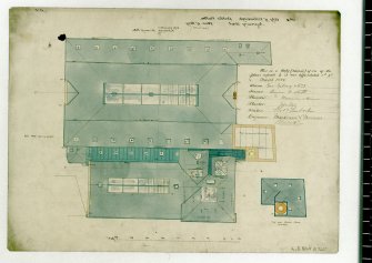 Roof plan of public baths, Infirmary Street, Edinburgh.
u.s.   Dated "City Chambers  February 1886"
Plan referred to in offer of 1 & 2 March 1886 signed by mason, Geo Gilroy & Co; joiner, Brunnie S Scott; plumber, Morrison & Hume; plasterer, John Ross; slater, T Lamb & Sons; engineers, Mackenzie & Moncur, A Bell & Son