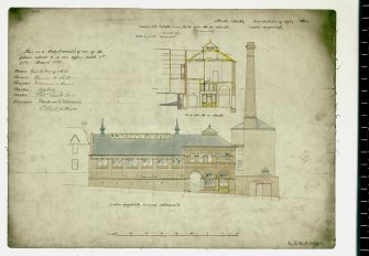 Section and front elevation of public baths, Infirmary Street, Edinburgh.
u.s. Dated "City Chambers  February 1886"
Plan referred to in offer of 1 & 2 March 1886 signed by mason, Geo Gilroy & Co; joiner, Brunnie S Scott; plumber, Morrison & Hume; plasterer, John Ross; slater, T Lamb & Sons; engineers, Mackenzie & Moncur, A Bell & Son. The black scale on the right hand side is in inches.