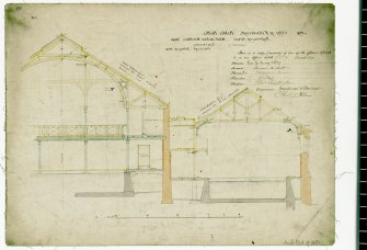 Sections through roofs of public baths, Infirmary Street, Edinburgh. 
u.s.   Dated "City Chambers  February 1886"
Plan referred to in offer of 1 & 2 March 1886 signed by mason, Geo Gilroy & Co; joiner, Brunnie S Scott; plumber, Morrison & Hume; plasterer, John Ross; slater, T Lamb & Sons; engineers, Mackenzie & Moncur, A Bell & Son. The black scale on the right hand side is in inches.