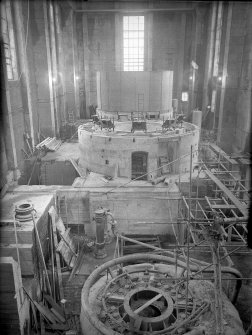 Interior.
Fasnakyle Generating Station. Turbine house. No. 3 stator erected, No. 2 plinth concreted and No. 1 spiral casing in position.
Copy of negative, Mullardoch-Fasnakyle-Affric, Box 1042/1, Contract No. 10, Plate No. 275.