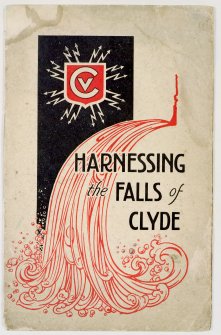Front cover illustration of the booklet, 'Harnessing the Falls of Clyde' displaying the logo of the Clyde Valley Electrical Power Company above a stylised motif of cascading water.


