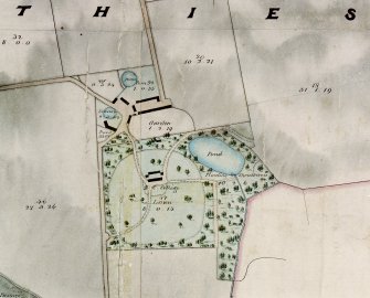 Scanned image of photographic copy of drawing showing plan of the Barony of Balquhain lying in the Parishes of Inverury and Chapel of Garioch and County of Aberdeen. Surveyed 1838 by Walker and Beattie, Aberdeen'. Enlarged photographic copy of portion of map around 'R. C. Colege'  (House of Aquahorties: NJ 7289 2001: NJ72SW 51.00). (Colour copy of D/15007).