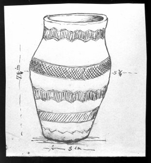 Scanned image of a drawing of a beaker, annotated with measurements.