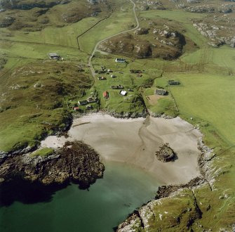 Oblique aerial view of Sorisdale centred on cottages, taken from the ESE.