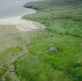 Oblique aerial view of Mingulay Bay and township from NNW.