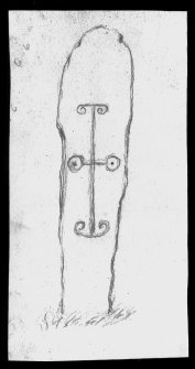 Scanned image of a pencil drawing of a carved stone cross-slab.