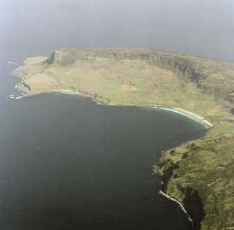 General oblique aerial view looking across Laig Bay, with the fort in the foreground, towards Cleadale and the north side of Eigg, taken from the WNW.