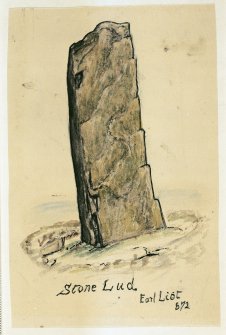 Scanned image of a drawing of a standing stone, entitled: 'Stone Lud. Earl Liot. 672'.