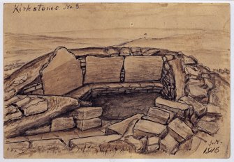 Watercolour of a stone-built chamber; entitled: 'Kirkstones No. 3'; and dated 1916.