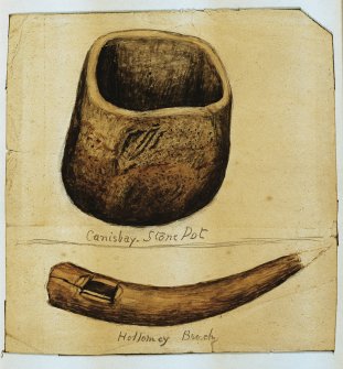 Scanned image of E 40271 CN - a drawing of two artefacts: firstly, a vessel, annotated as 'Canisbay Stone Pot'; secondly, a segment of horn, annotated as: 'Hollomey Broch'.
