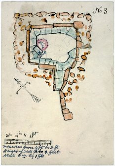 Plan of a stone-built structure No. 3 to scale [a quarter inch to one foot]. A hand-written description at the foot of the page reads: "me[a]sures from 6 ft to 8 ft. Height of Wall 3 to 2 feet. Seat 8 in. by 1 ft."