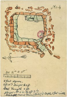 Watercolour of a stone-built structure in plan, to scale [a quarter inch to one foot], entitled: 'No.4'. A hand-written description at the foot of the page reads: "8 feet square. 3 ft 10 in. Height to 3 ft. Seat Length 3 ft. Height 1 ft 4 in by 1 ft 7 in. Scarcement from 7 in. to 9 in Depth. 1 ft width".