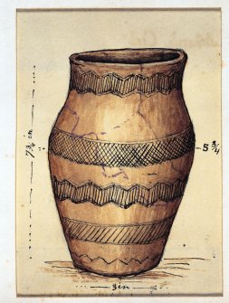 Scanned image of drawing of a beaker, annotated with measurements.  Verso: annotated 'Acharole Cist, 1904'.