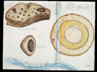 Scanned image of watercolour drawing of two artefacts, identified as 'cup marked stone' and 'stone bowl', on a hand-drawn map of a site. The drawing is entitled: 'Gills Broch', and is dated 1904.
