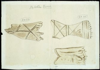 Scanned image of watercolour drawings of three bone weaving combs.  Annotated 'Nybster broch' Two of the objects are labelled with museum accession number 'GA656' and 'GA655'.