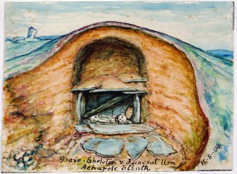 Scanned image of a watercolour drawing (DC48558) showing the excavation of a burial mound. Titled 'Grave, skeleton and Funeral Urn. Acharole Strath'. Dated 15-8-04.