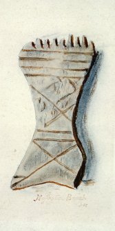 Scanned image of a watercolour drawing of a weaving comb. Annotated 'Nybster Broch. J N'.Watercolour of a weaving comb, entitled: 'Nybster Broch'.