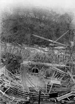 View from NE showing Surge Tank under construction, Stonebyres hydroelectric power station.
