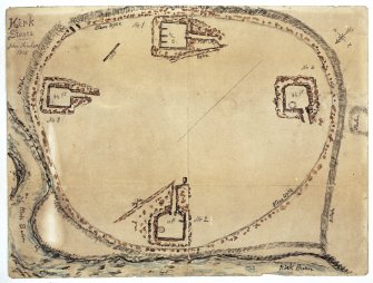 Scanned image of E 49251 CN - a drawing in plan, of four structures within an enclosure; entitled: 'Kirk Stones'.