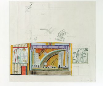 Stage elevation showing decorative scheme, and sketch details.
Scanned image of E 33738 CN.