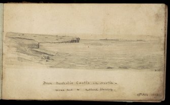 Scanned image of a drawing of a landscape, entitled: 'From Bucholie Castle to the North. Scirza Head & Pentland Skerries'; from David Nicolson's sketchbook. Brother of John Nicolson.