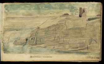 Scanned image of a drawing of a landscape, entitled: 'Bucholie Castle'; from David Nicolson's sketchbook. Brother of John Nicolson.