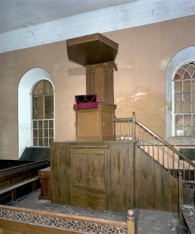 View of pulpit from north west in St Peter's Kirk, Sandwick.