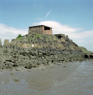 Edinburgh, Cramond Island, The Knoll battery and anti-shipping barrier. Scanned image of general view of battery and N end terminal of anti-shippuing barrier from South East.