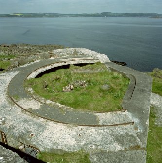 Scanned image of Edinburgh, Cramond Island, Cramond Battery, coast battery, view from south of remains of the gun emplacement (canopy removed).  Visible are the holes for the canopy support and an area of reconstruction to the carapace.