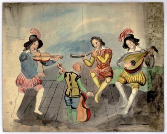 Part of painted ceiling showing musicians with lute, viol, horn and cello, Palace and Chapel of Mary of Guise, Edinburgh.