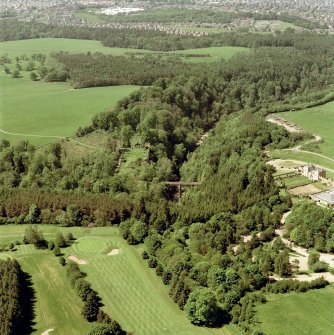 Oblique aerial view of Cadzow Castle, Chatelherault and the Duke's Bridge, taken from the E.