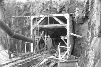 View of Mullardoch-Fasnakyle-Affric Project, contract no 9, Mullardoch Tunnel, shuttering to intake portal.
Scan of glass negative no. 163, Box 869/2
