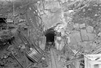View of Mullardoch-Fasnakyle-Affric Project, contract no 10, Mullardoch Tunnel. Concreting of outfall portal.
Scan of glass negative no. 259, Box 1042/1