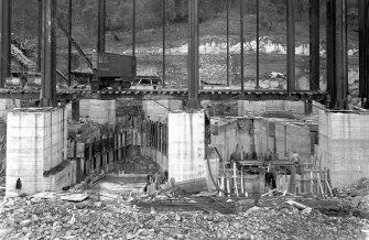View of Mullardoch-Fasnakyle-Affric Project, contract no 10, Fasnakyle Generating Station, concreting of turbine blocks and draft tubes nos 2 and 3.
Scan of glass negative no. 124, Box 1103/2